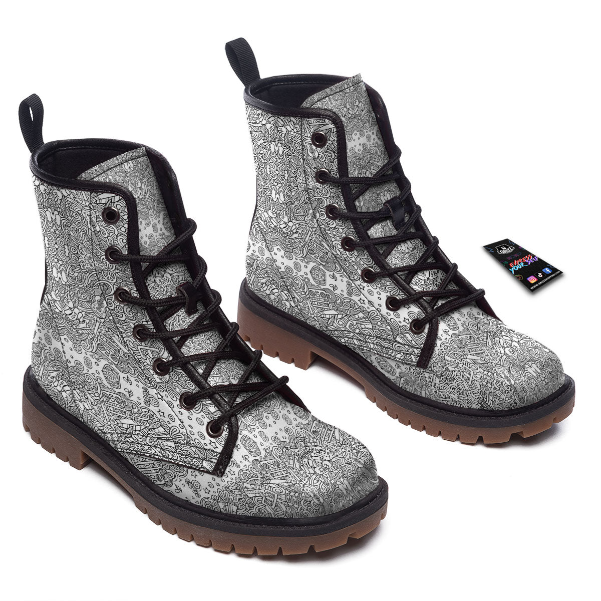 Hippie Graffiti Monochrome Print Pattern Work Boots-grizzshop