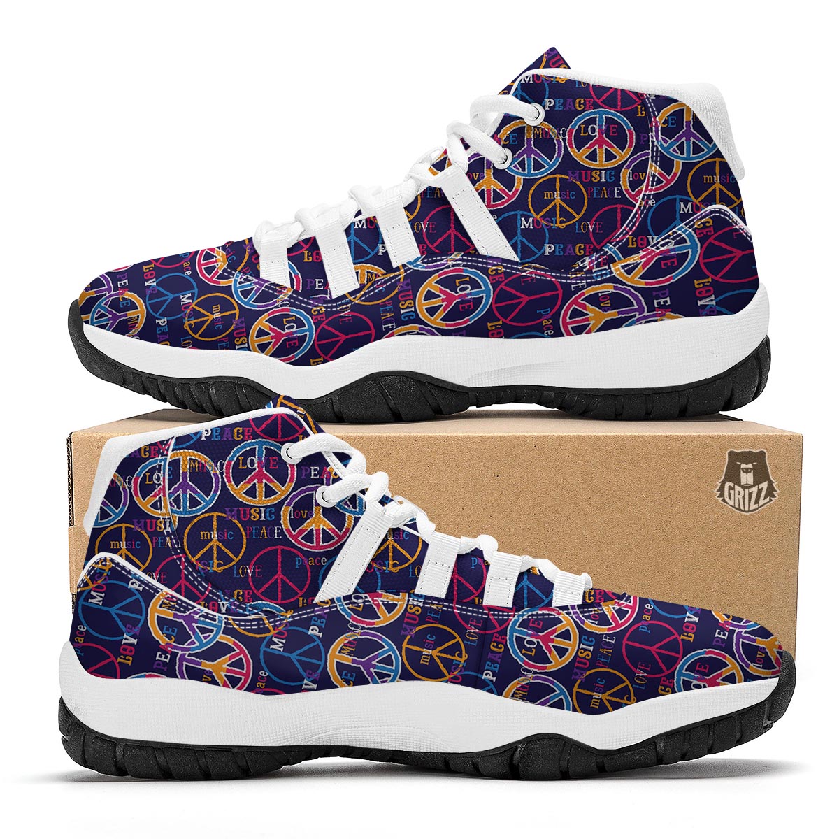 Hippie Music Van Peace Sign Pattern Print White Bball Shoes-grizzshop