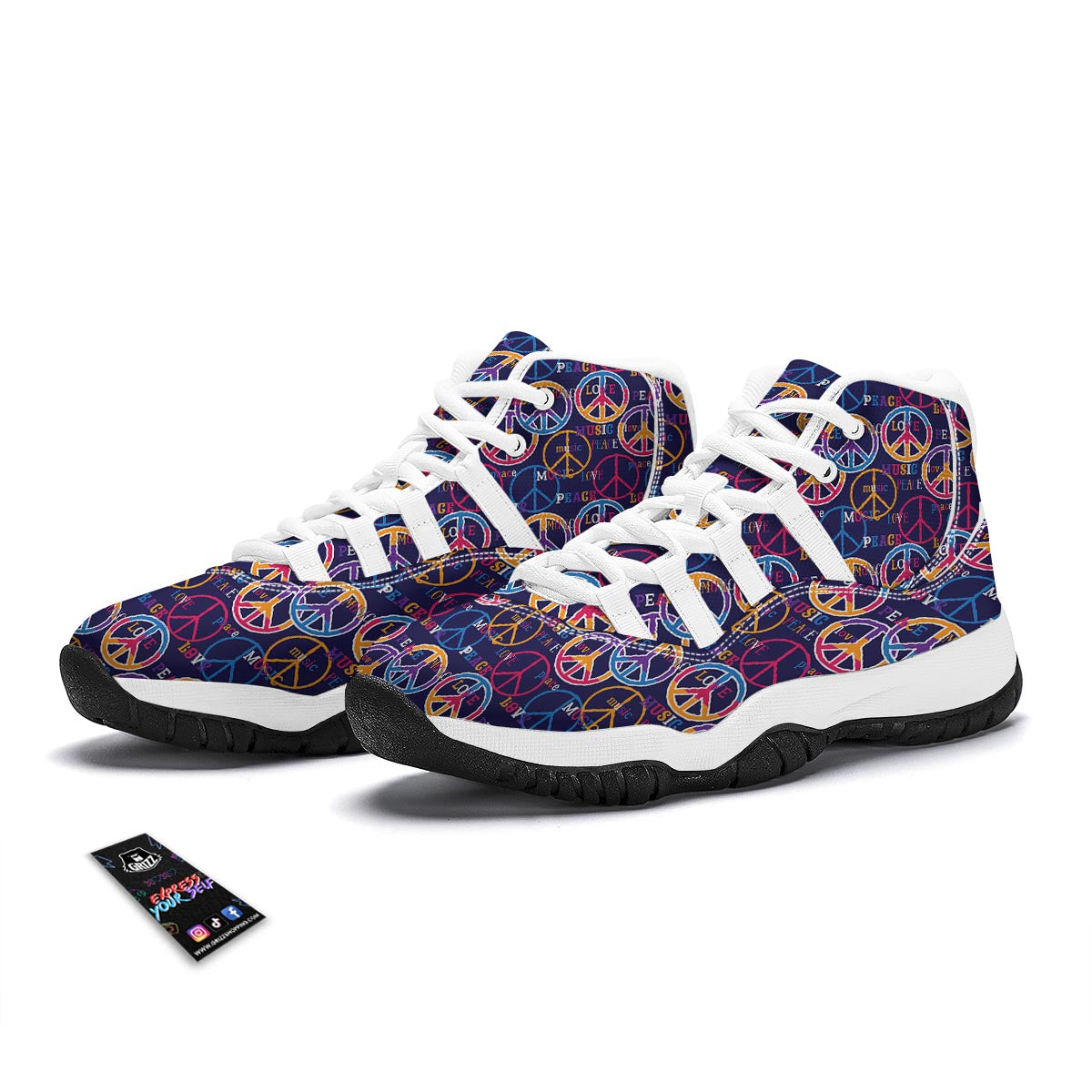 Hippie Music Van Peace Sign Pattern Print White Bball Shoes-grizzshop