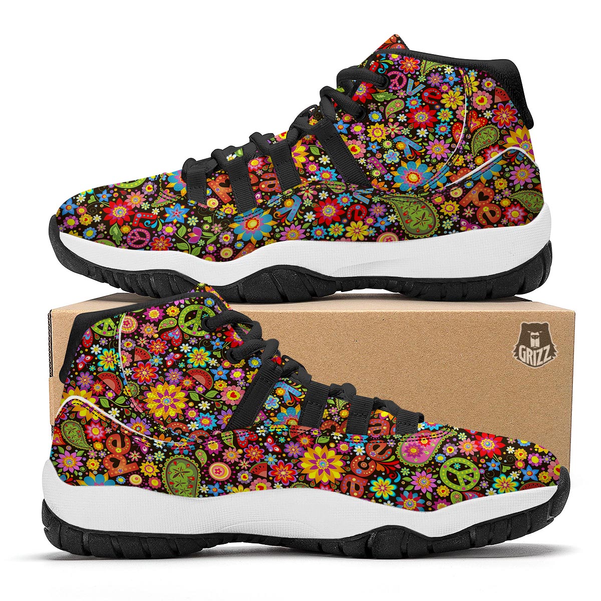 Hippie Paisley Floral Peace Sign Pattern Print Black Bball Shoes-grizzshop