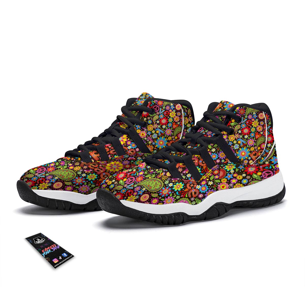 Hippie Paisley Floral Peace Sign Pattern Print Black Bball Shoes-grizzshop