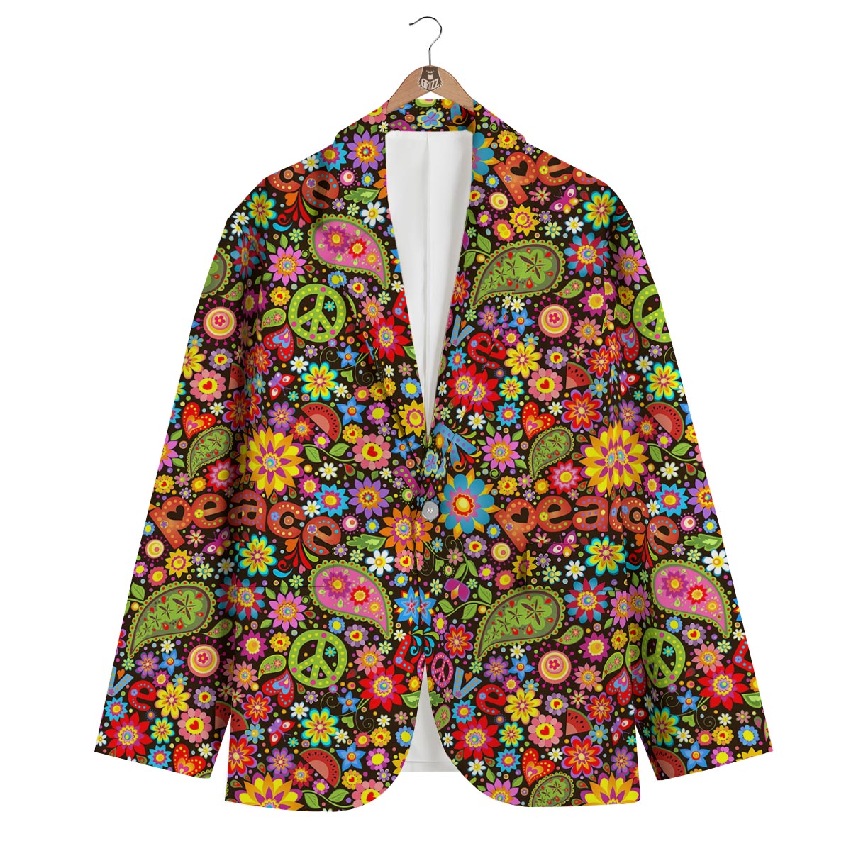 Hippie Paisley Floral Peace Sign Pattern Print Men's Blazer-grizzshop