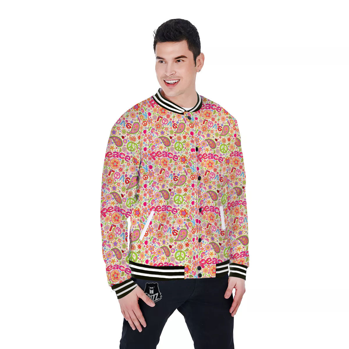 Hippie Peace Groovy Print Pattern Baseball Jacket-grizzshop