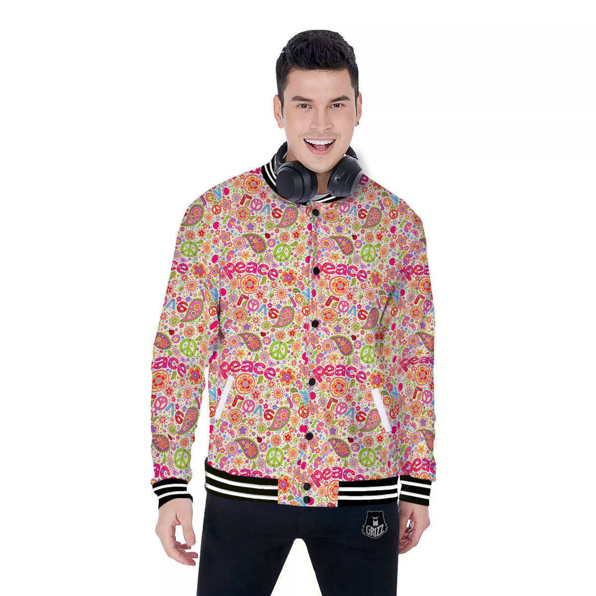 Hippie Peace Groovy Print Pattern Baseball Jacket-grizzshop