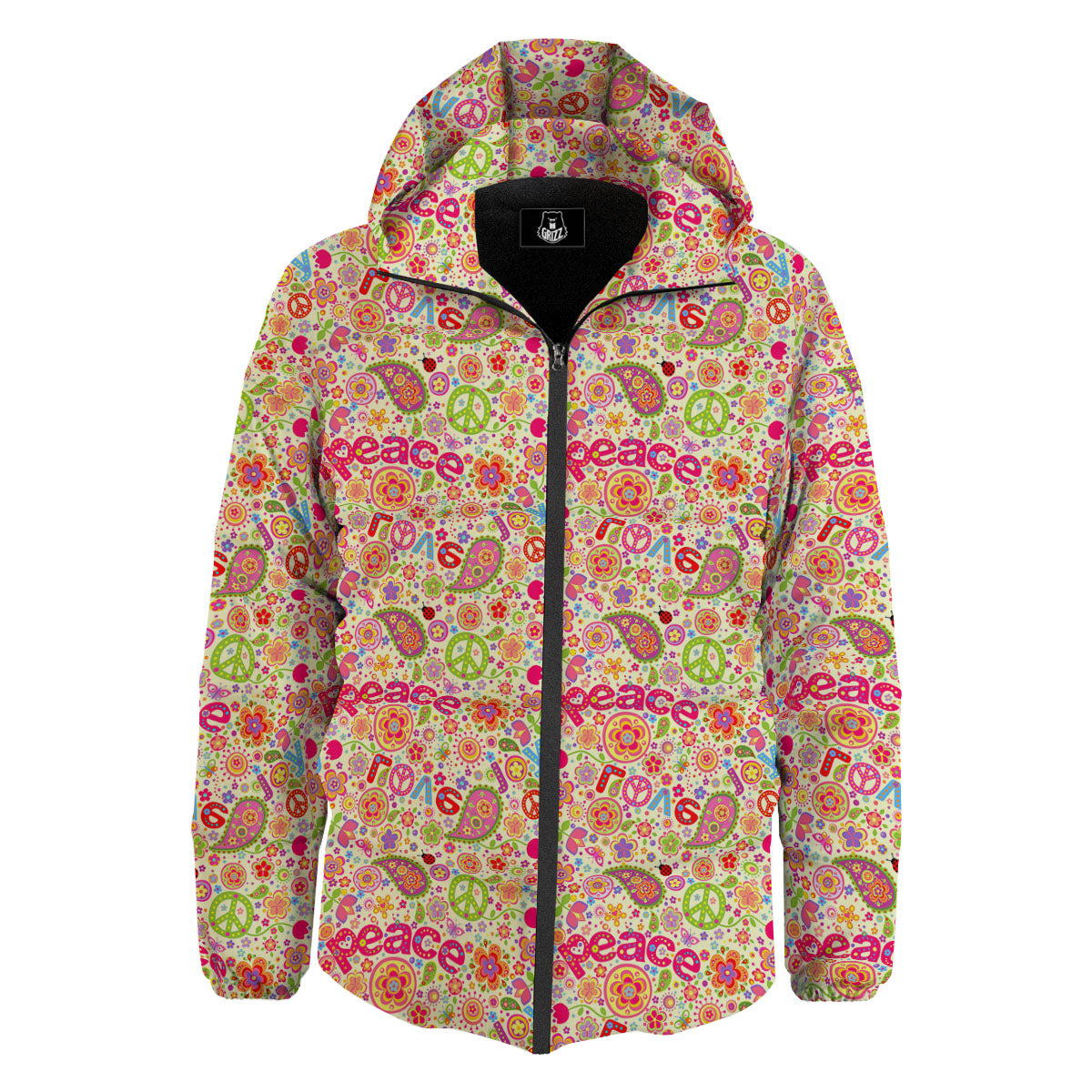 Hippie Peace Groovy Print Pattern Down Jacket-grizzshop
