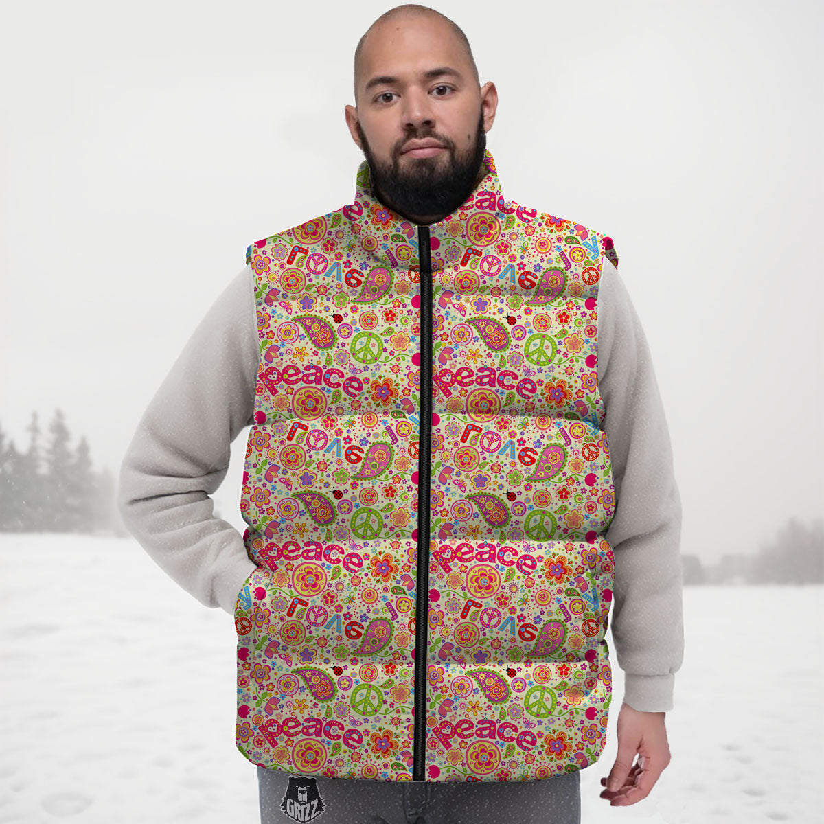 Hippie Peace Groovy Print Pattern Down Vest