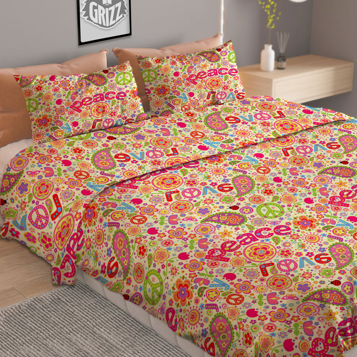 Hippie Peace Groovy Print Pattern Duvet Cover Bedding Set