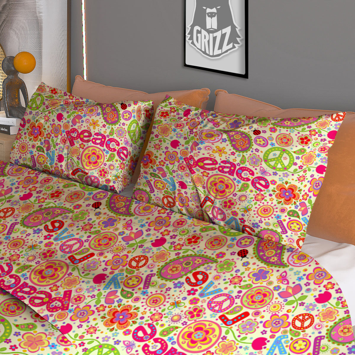 Hippie Peace Groovy Print Pattern Duvet Cover Bedding Set