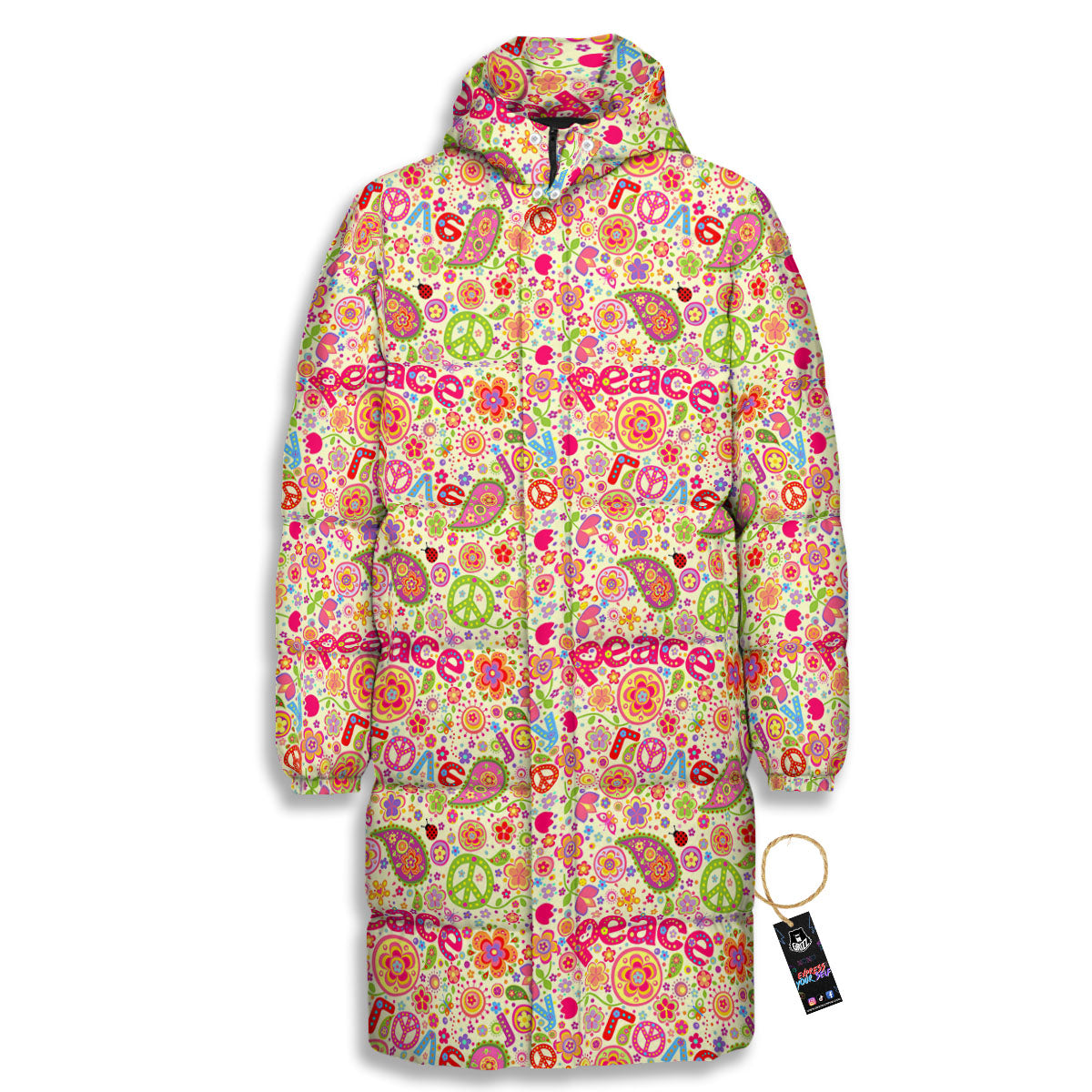 Hippie Peace Groovy Print Pattern Long Down Jacket-grizzshop