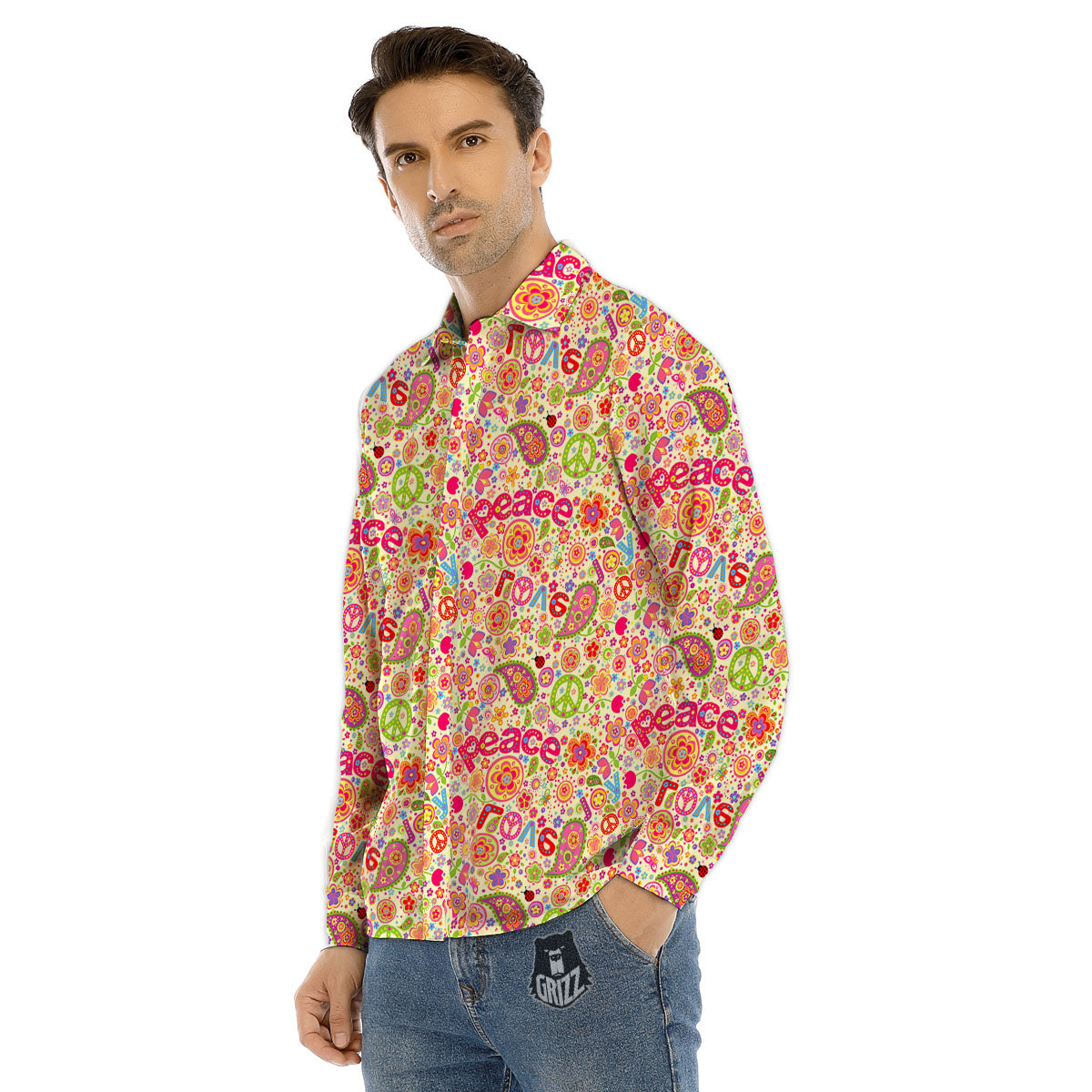 Hippie Peace Groovy Print Pattern Men's Dress Shirts-grizzshop