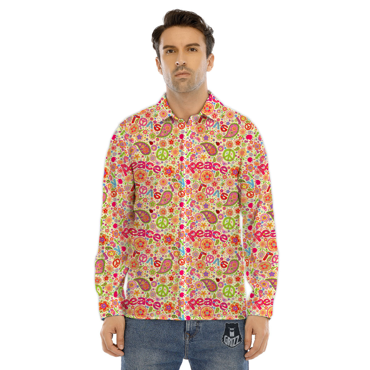 Hippie Peace Groovy Print Pattern Men's Dress Shirts-grizzshop
