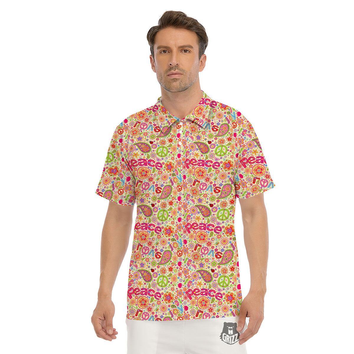 Hippie Peace Groovy Print Pattern Men's Golf Shirts-grizzshop