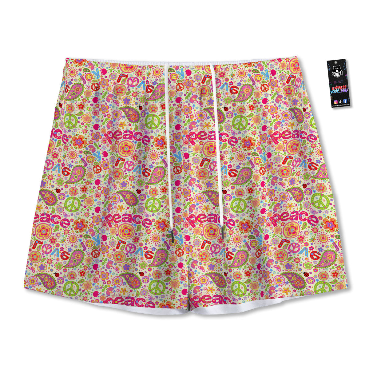 Hippie Peace Groovy Print Pattern Mesh Shorts