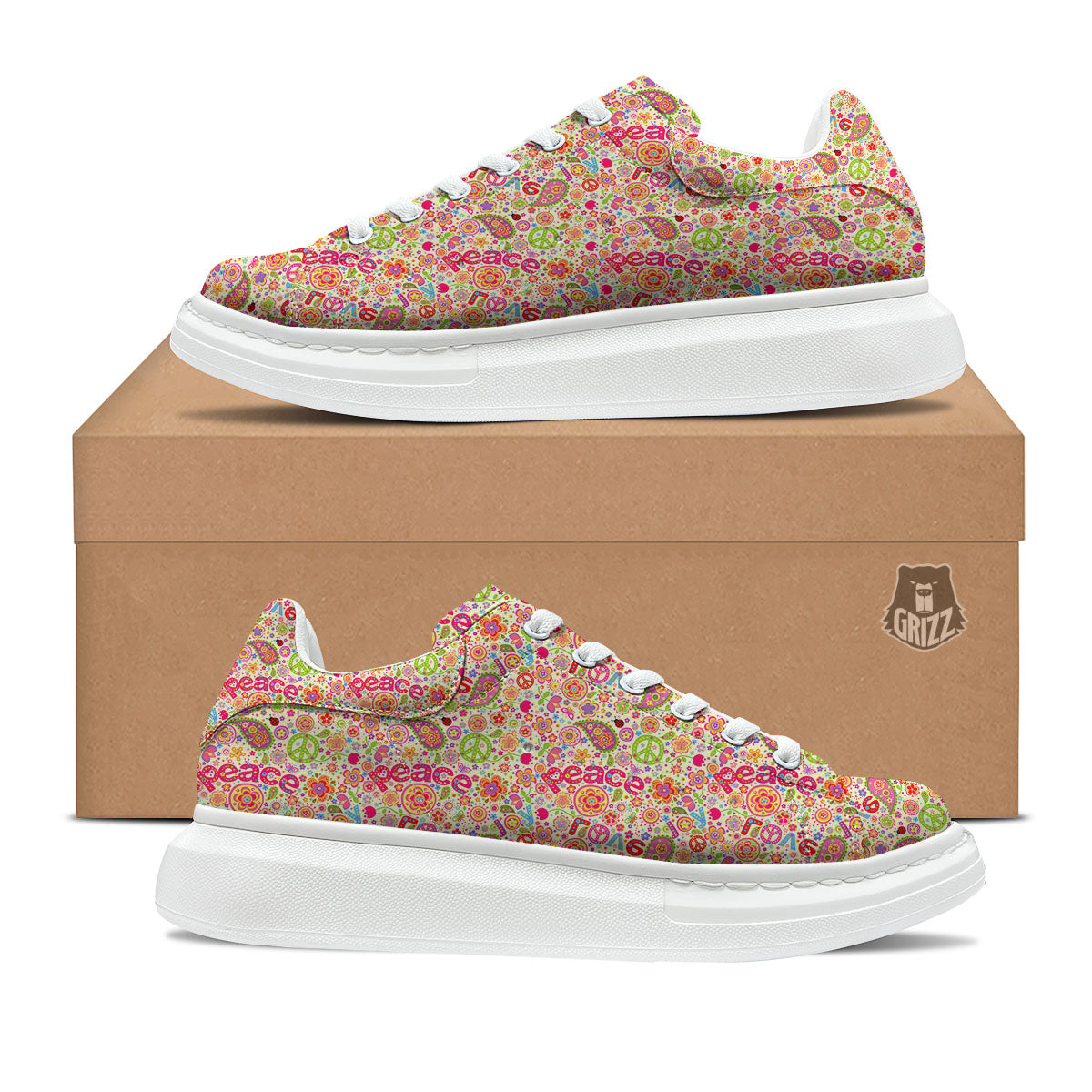 Hippie Peace Groovy Print Pattern Platform Shoes-grizzshop