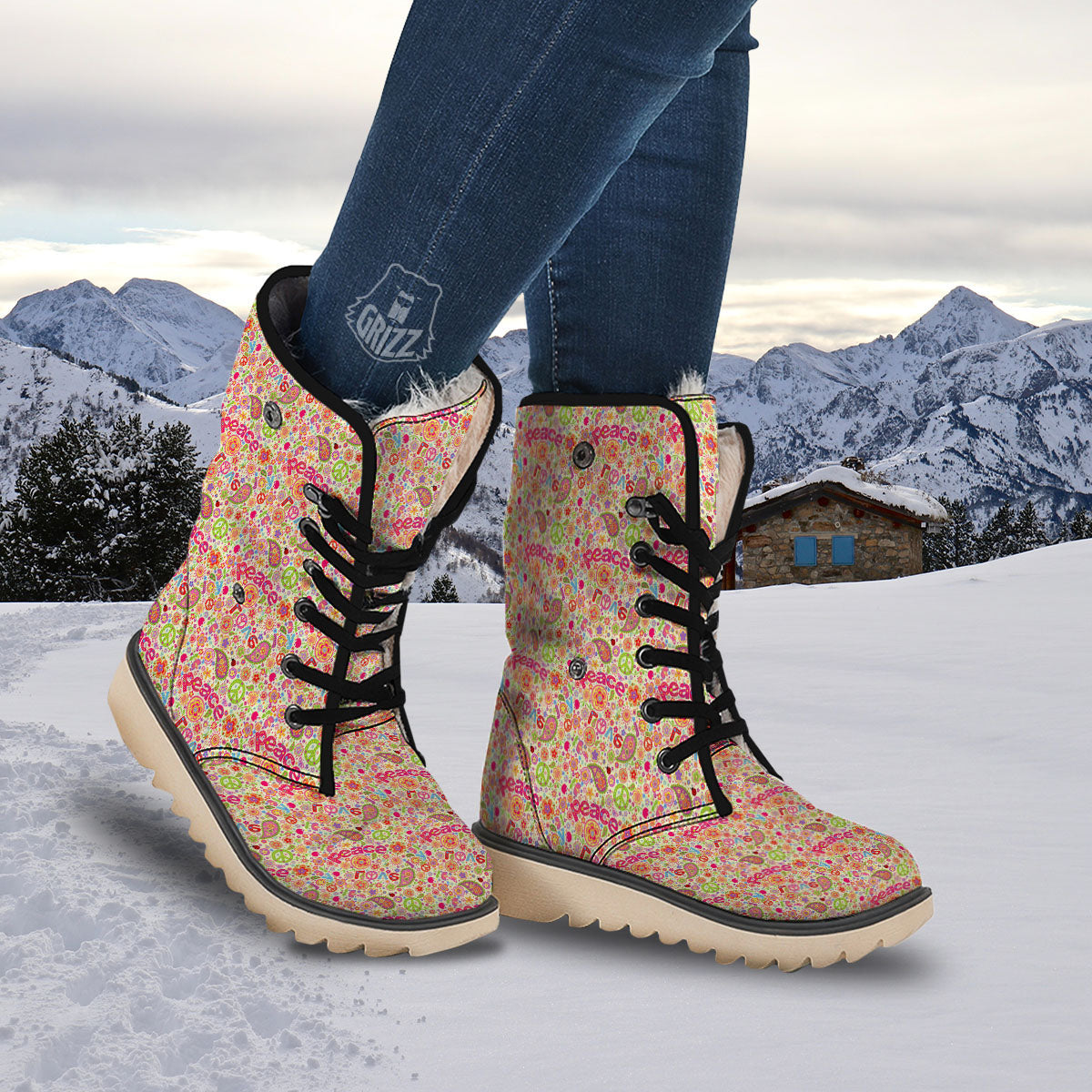 Hippie Peace Groovy Print Pattern Snow Boots-grizzshop