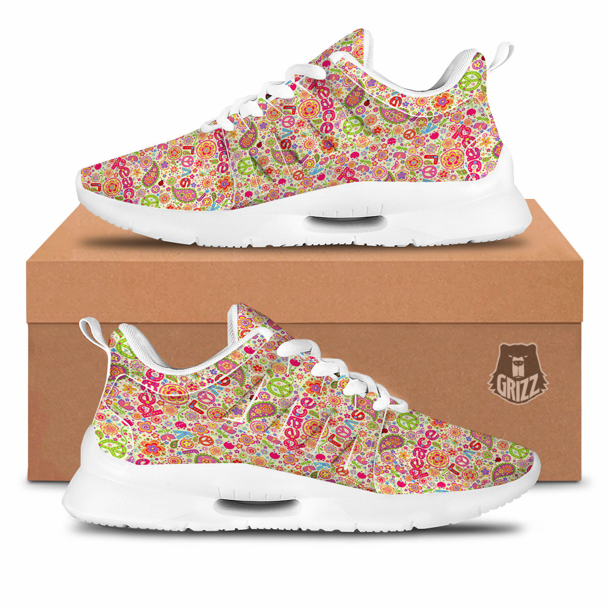 Hippie Peace Groovy Print Pattern Tennis Shoes-grizzshop