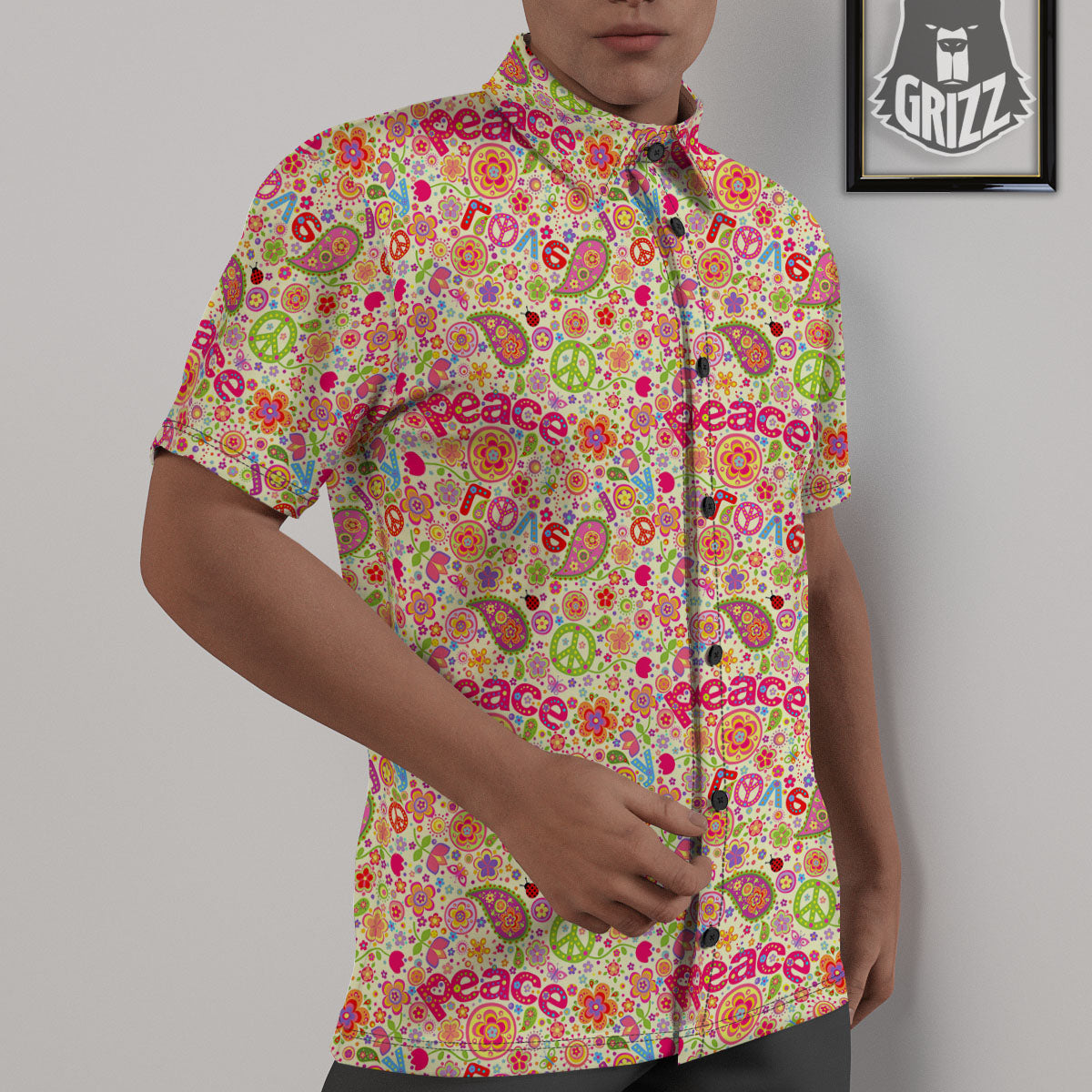 Hippie Peace Groovy Print Pattern Untucked Shirts-grizzshop