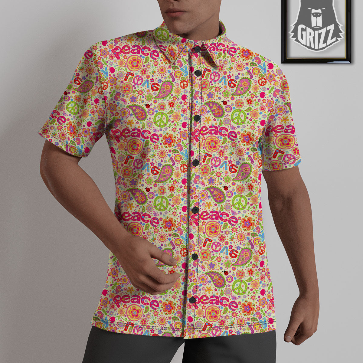 Hippie Peace Groovy Print Pattern Untucked Shirts-grizzshop