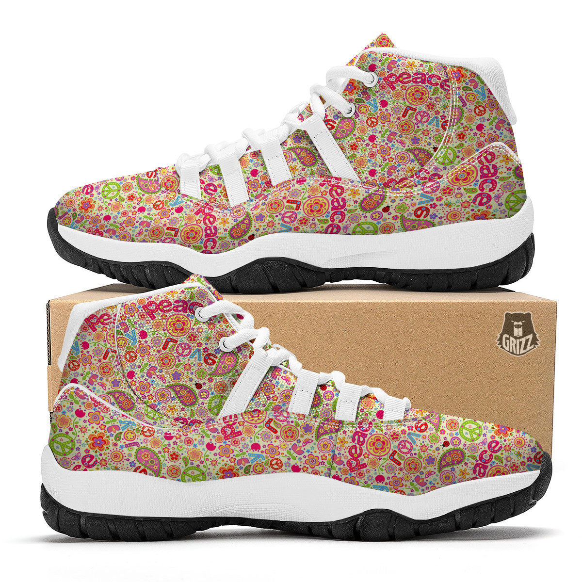 Hippie Peace Groovy Print Pattern White Bball Shoes-grizzshop