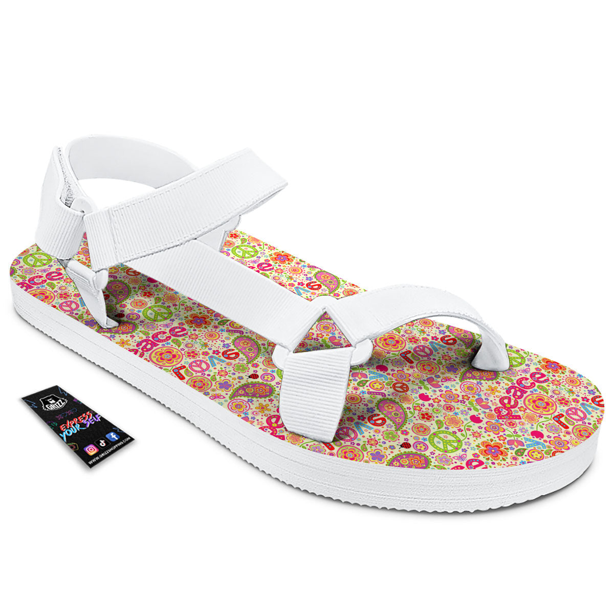 Hippie Peace Groovy Print Pattern White Open Toe Sandals-grizzshop
