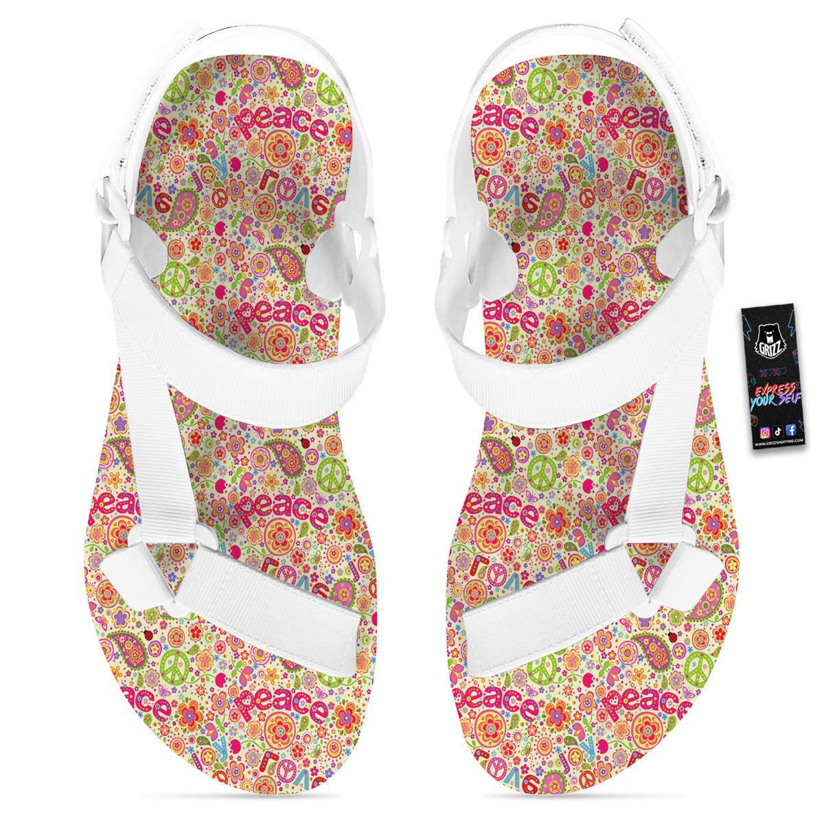 Hippie Peace Groovy Print Pattern White Open Toe Sandals-grizzshop