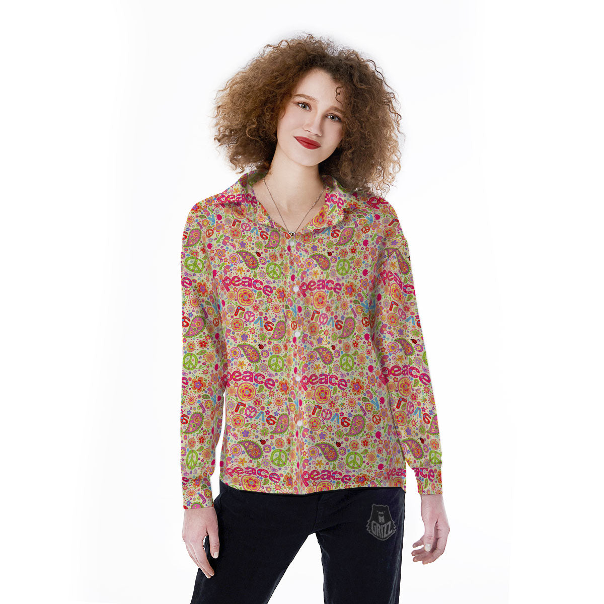 Hippie Peace Groovy Print Pattern Women's Long Sleeve Shirts-grizzshop
