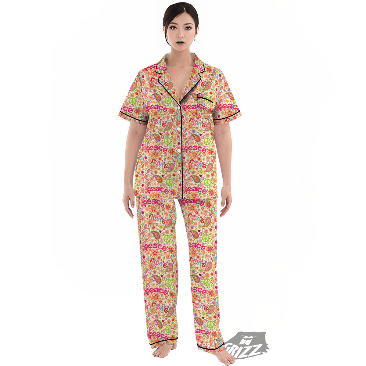 Hippie Peace Groovy Print Pattern Women's Pajamas Set-grizzshop
