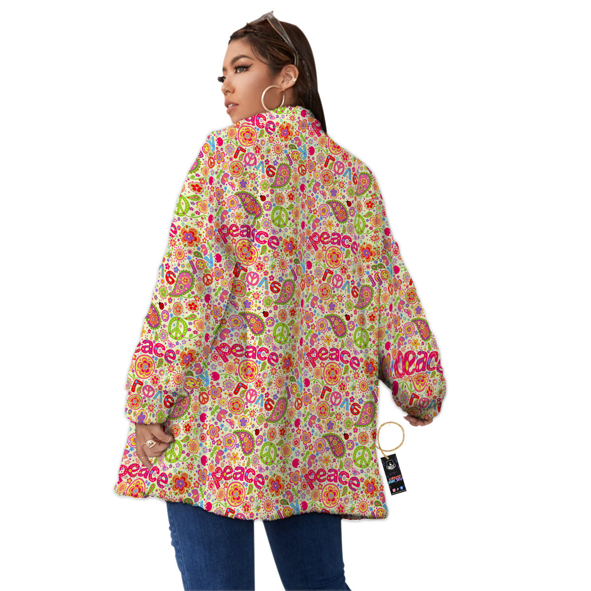 Hippie Peace Groovy Print Pattern Women's Sherpa Jacket-grizzshop