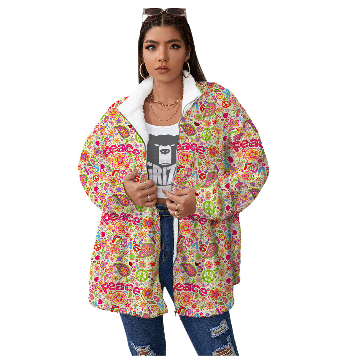 Hippie Peace Groovy Print Pattern Women's Sherpa Jacket-grizzshop