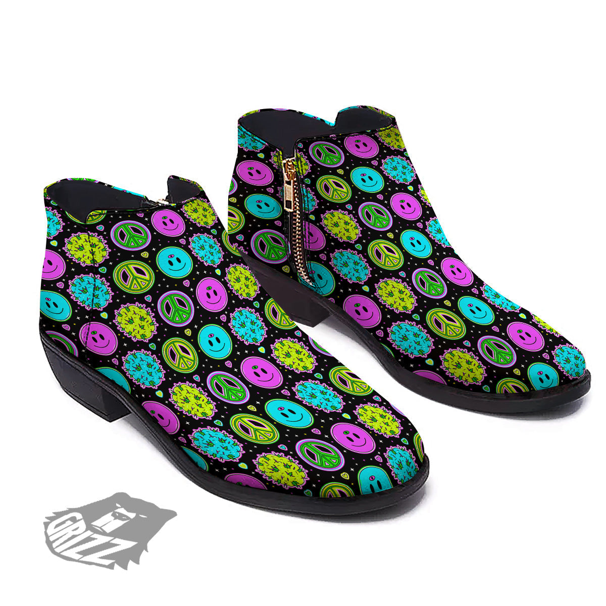 Hippie Peace Symbol And Weed Print Pattern Ankle Boots-grizzshop