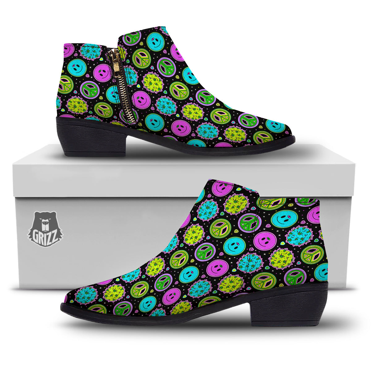 Hippie Peace Symbol And Weed Print Pattern Ankle Boots-grizzshop