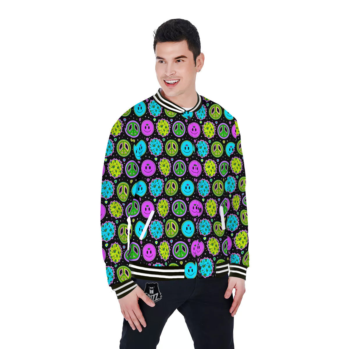 Hippie Peace Symbol And Weed Print Pattern Baseball Jacket-grizzshop
