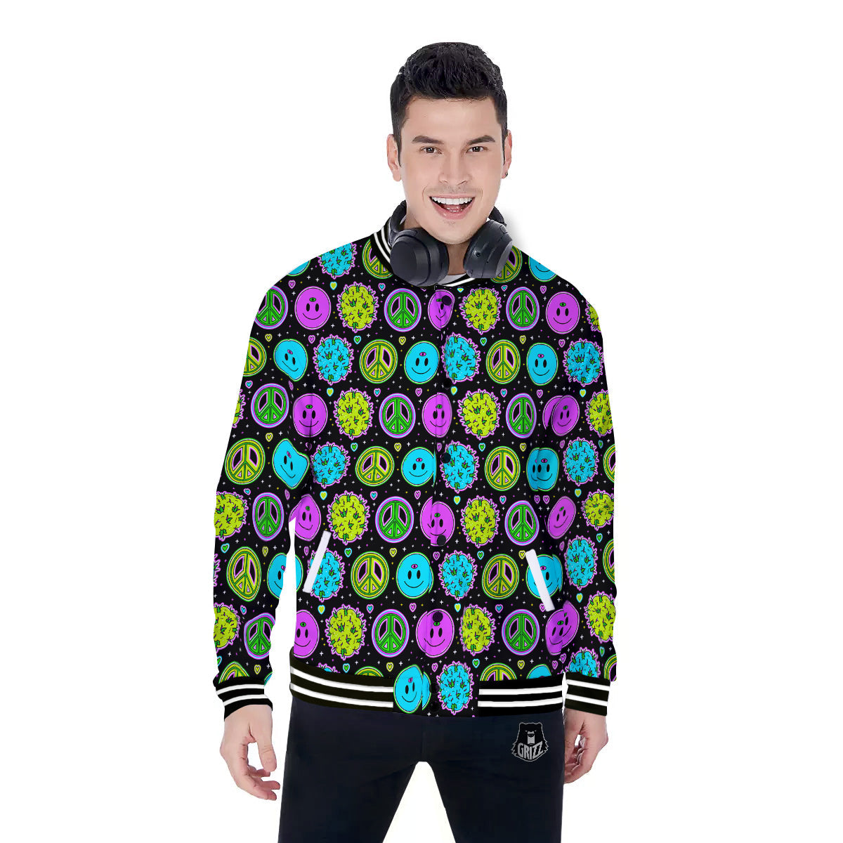 Hippie Peace Symbol And Weed Print Pattern Baseball Jacket-grizzshop