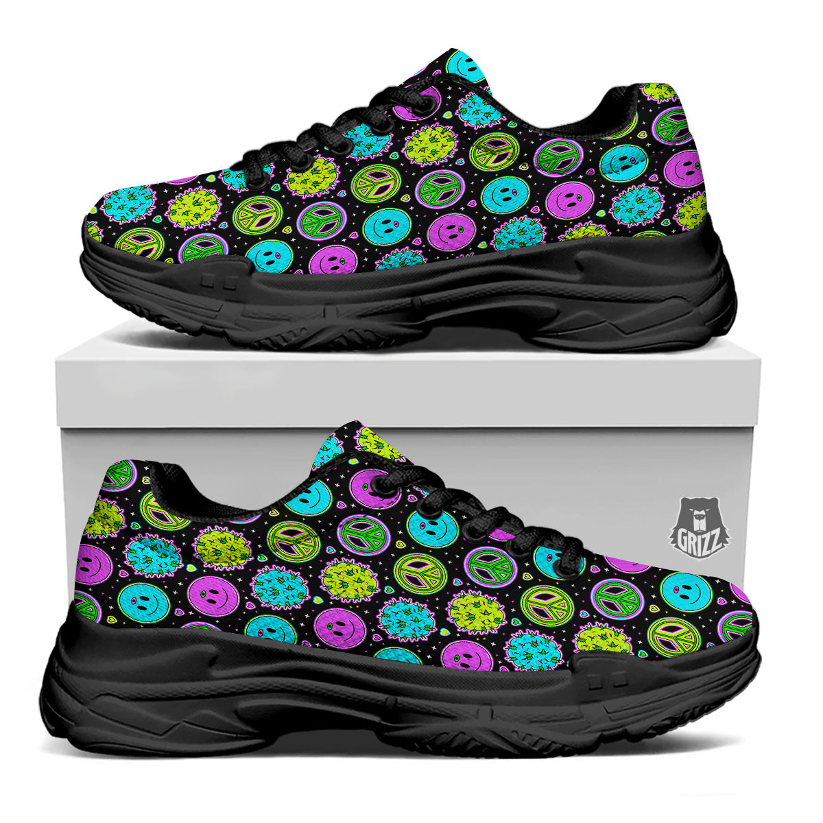 Hippie Peace Symbol And Weed Print Pattern Black Chunky Shoes-grizzshop
