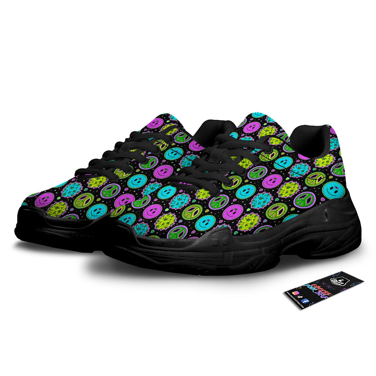 Hippie Peace Symbol And Weed Print Pattern Black Chunky Shoes-grizzshop