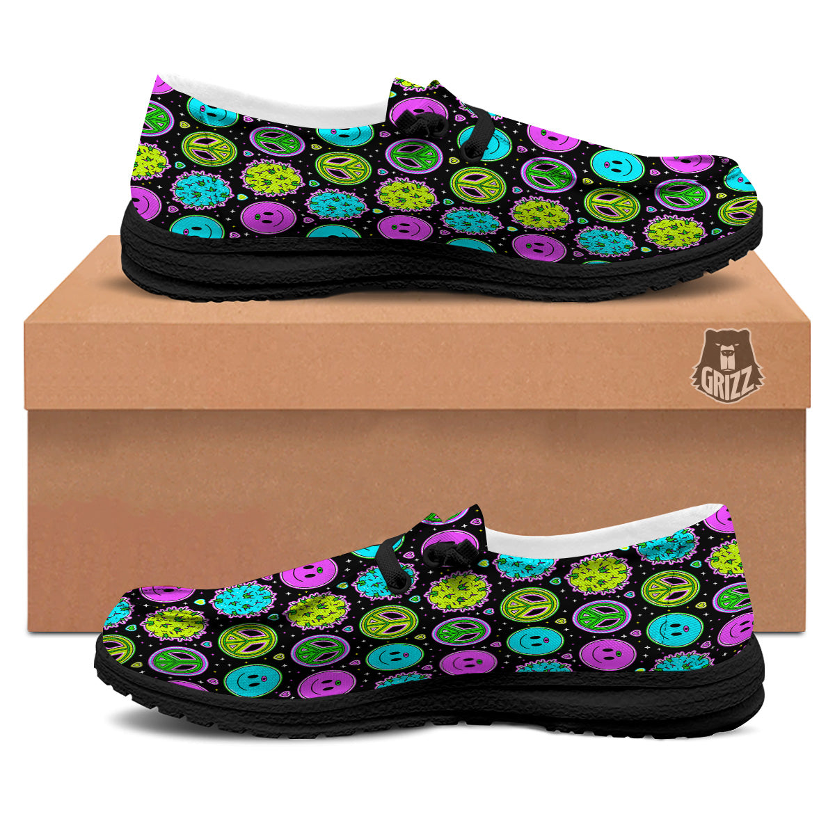 Hippie Peace Symbol And Weed Print Pattern Black Loafers-grizzshop