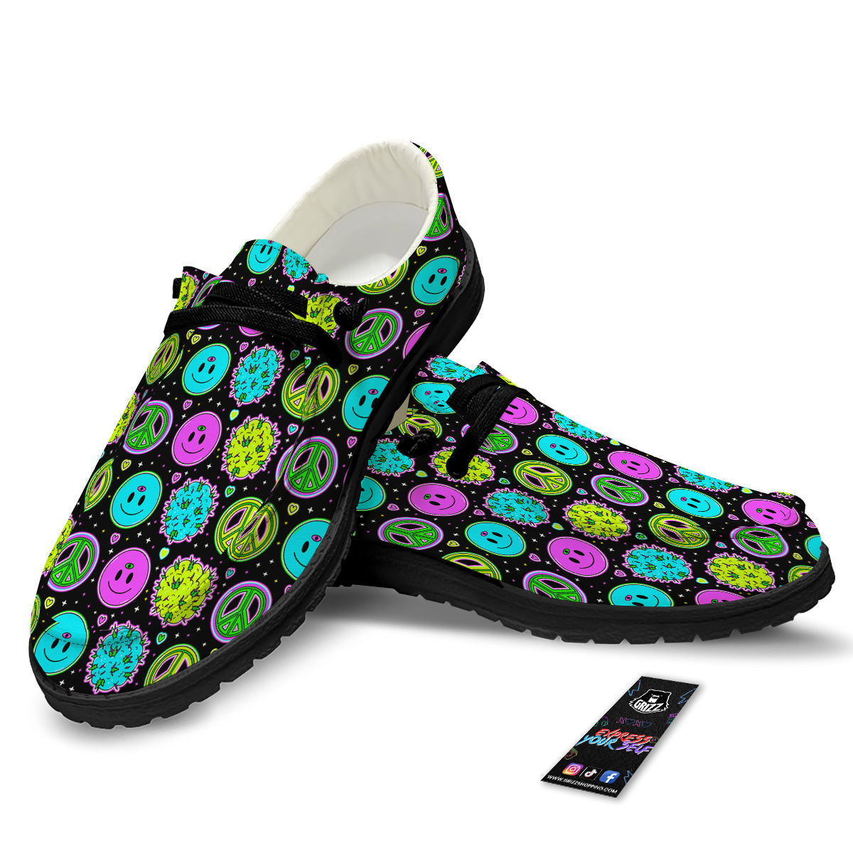Hippie Peace Symbol And Weed Print Pattern Black Loafers-grizzshop