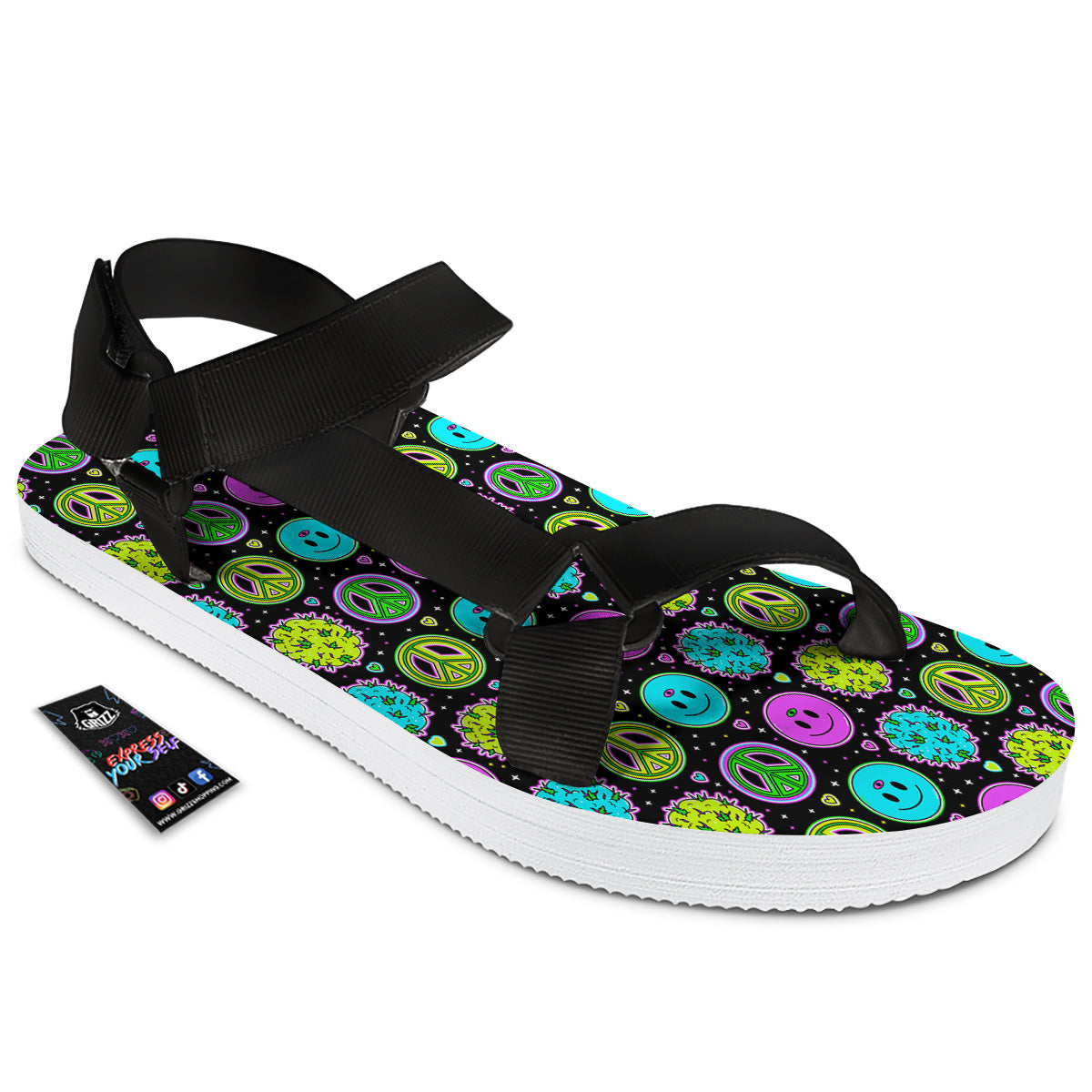 Hippie Peace Symbol And Weed Print Pattern Black Open Toe Sandals-grizzshop