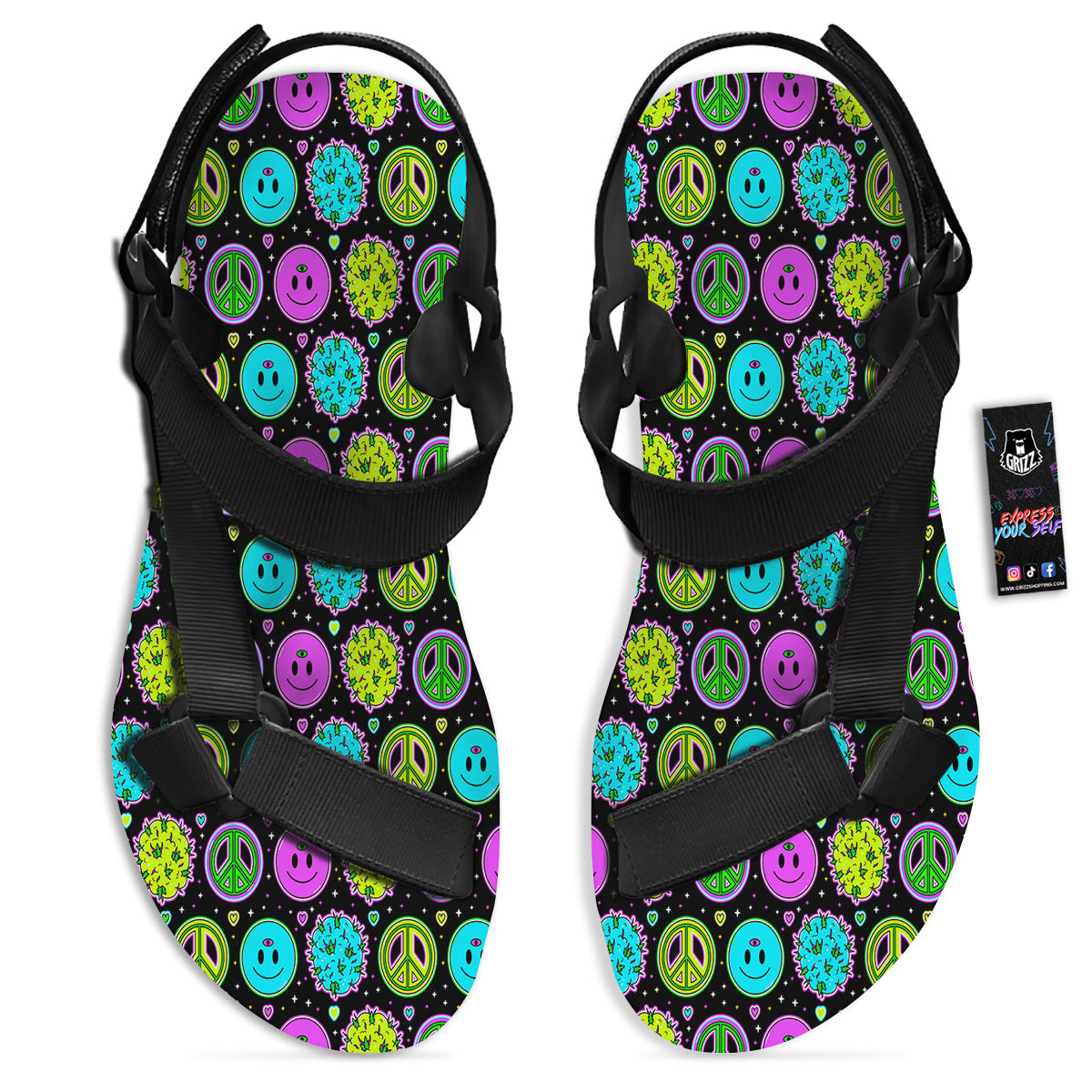 Hippie Peace Symbol And Weed Print Pattern Black Open Toe Sandals-grizzshop