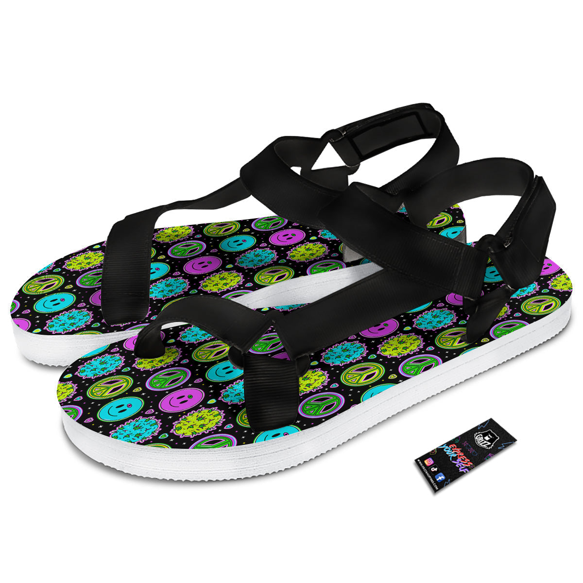 Hippie Peace Symbol And Weed Print Pattern Black Open Toe Sandals-grizzshop