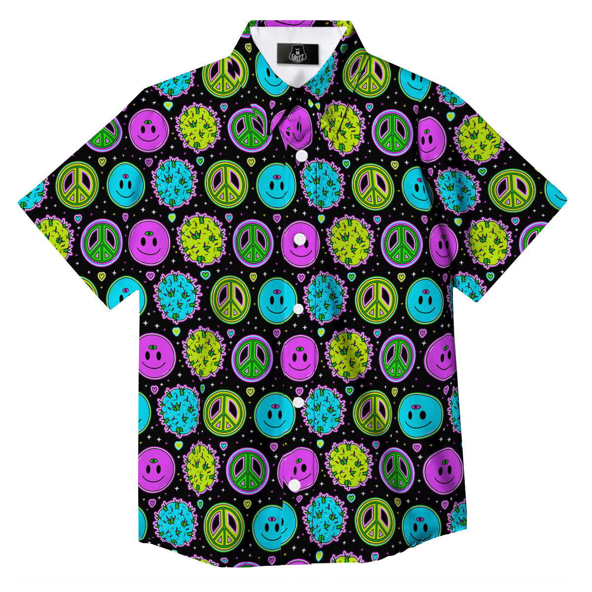 Hippie Peace Symbol And Weed Print Pattern Button Up Shirt-grizzshop