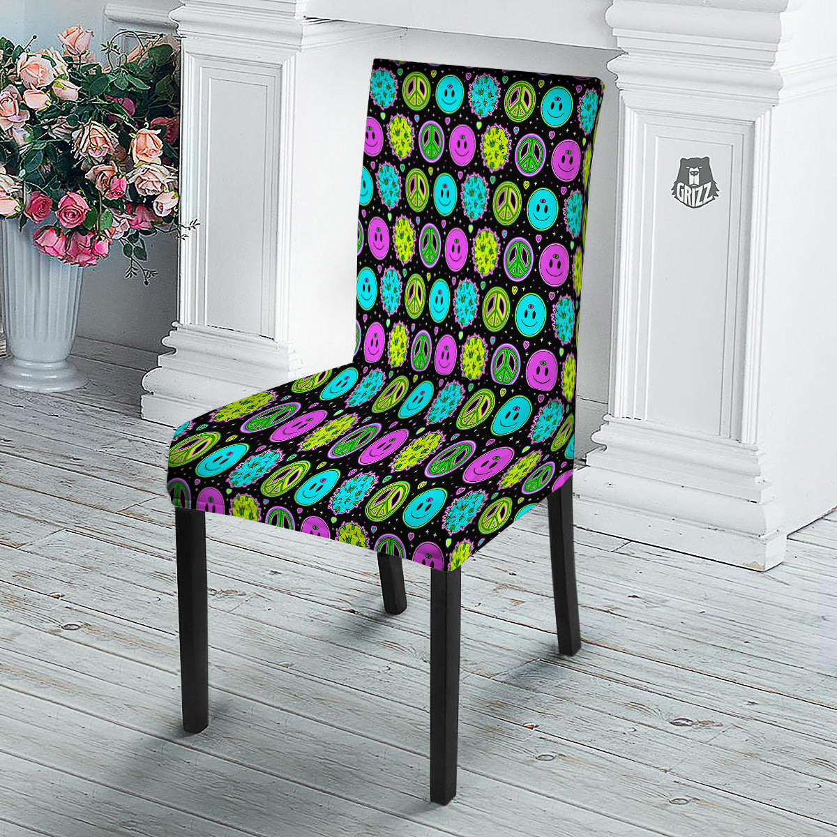Hippie Peace Symbol And Weed Print Pattern Dining Chair Slipcover-grizzshop