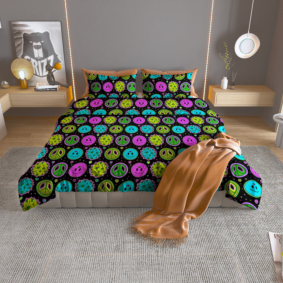 Hippie Peace Symbol And Weed Print Pattern Duvet Cover Bedding Set