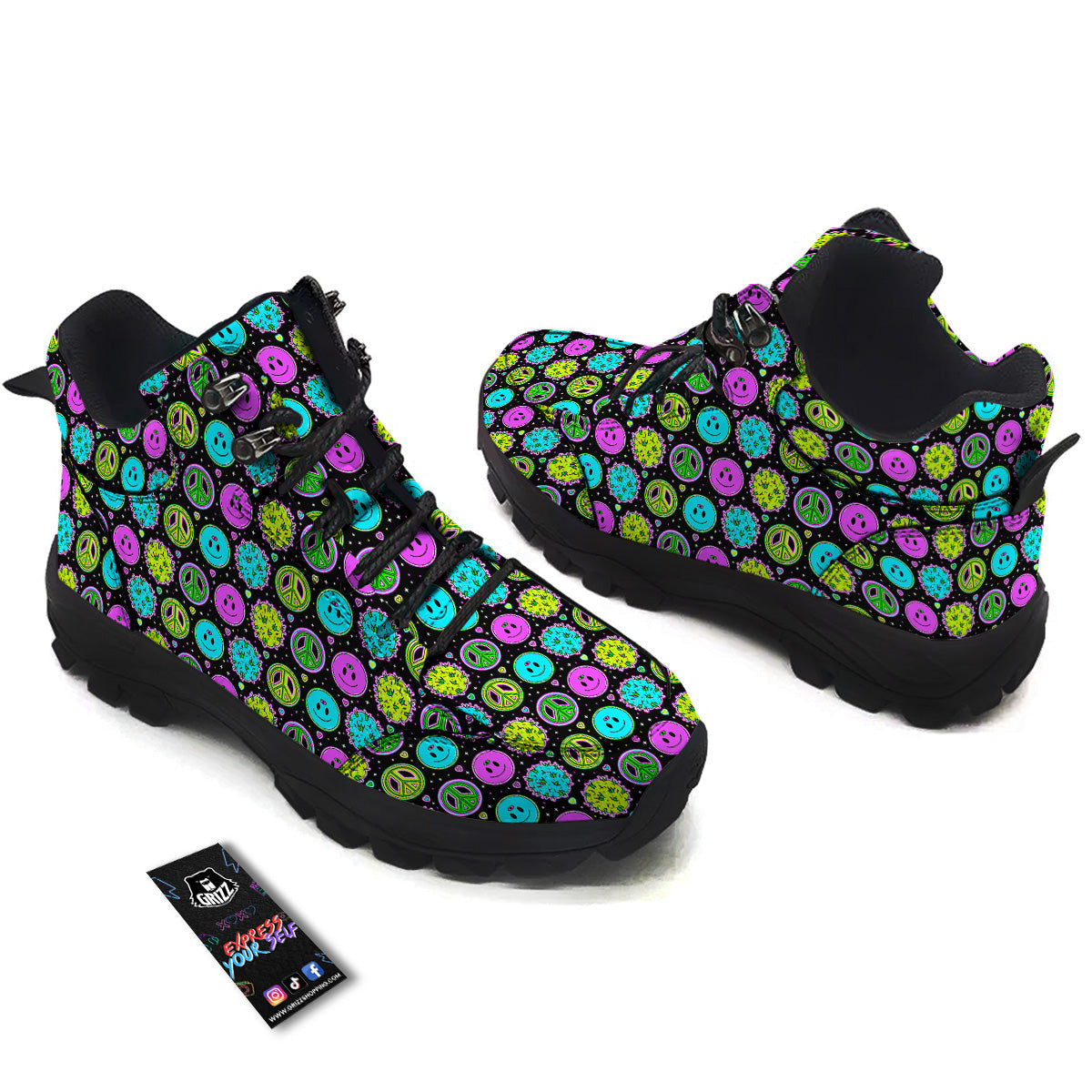 Hippie Peace Symbol And Weed Print Pattern Hiking Shoes-grizzshop
