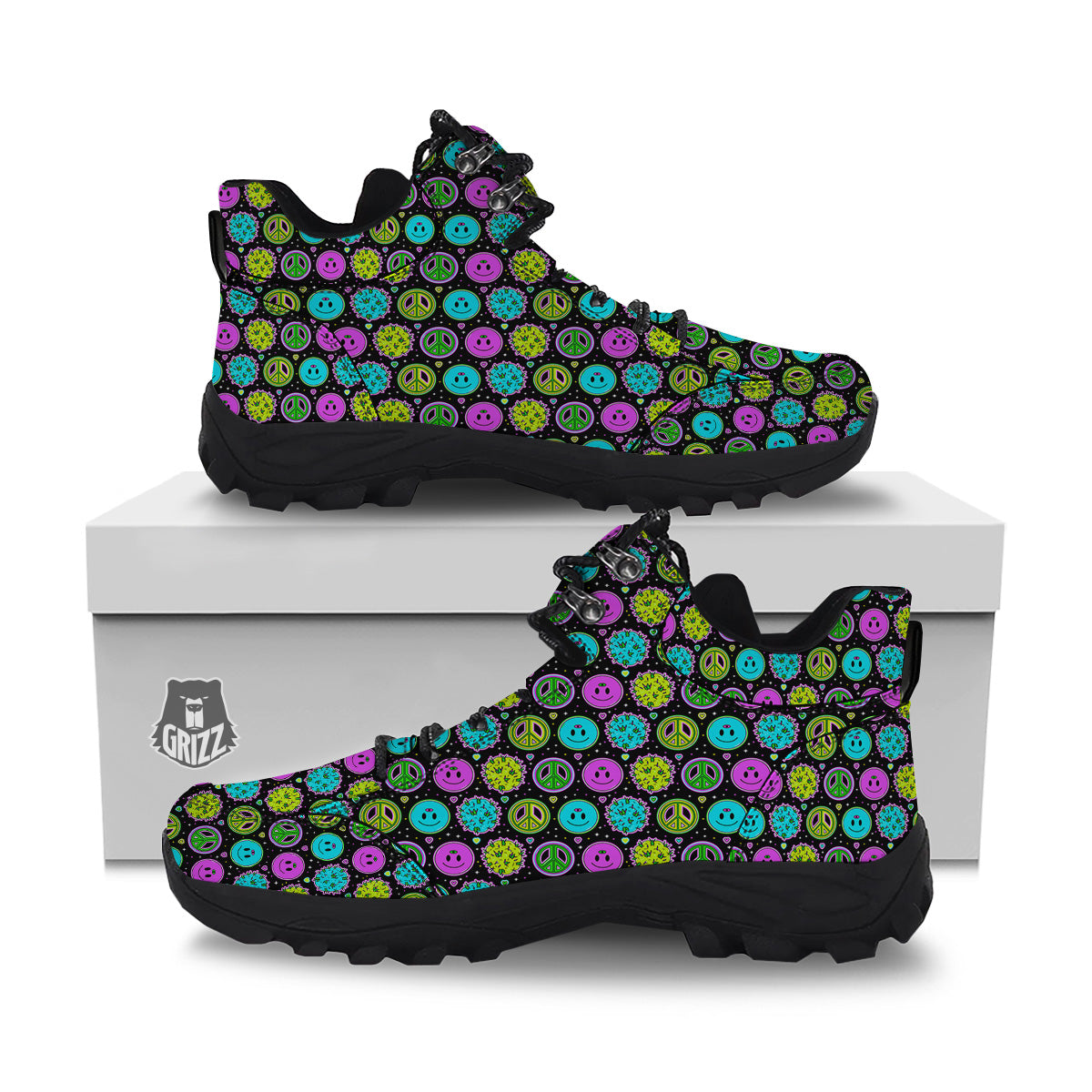 Hippie Peace Symbol And Weed Print Pattern Hiking Shoes-grizzshop