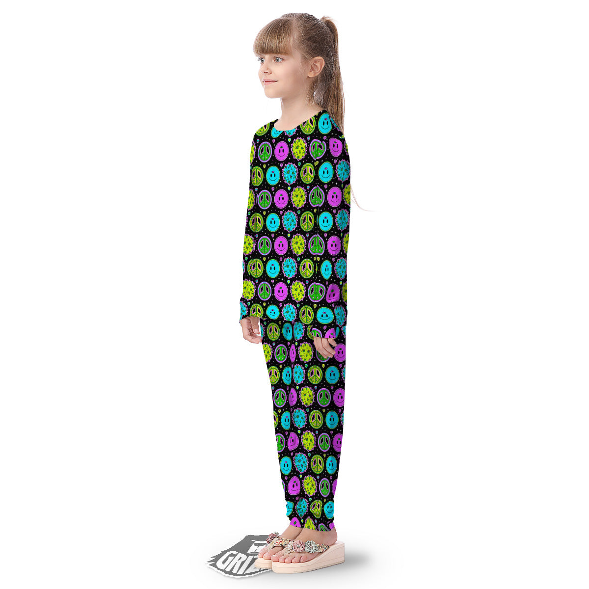 Hippie Peace Symbol And Weed Print Pattern Kid's Pajamas-grizzshop