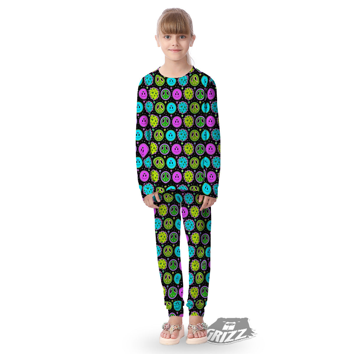 Hippie Peace Symbol And Weed Print Pattern Kid's Pajamas-grizzshop