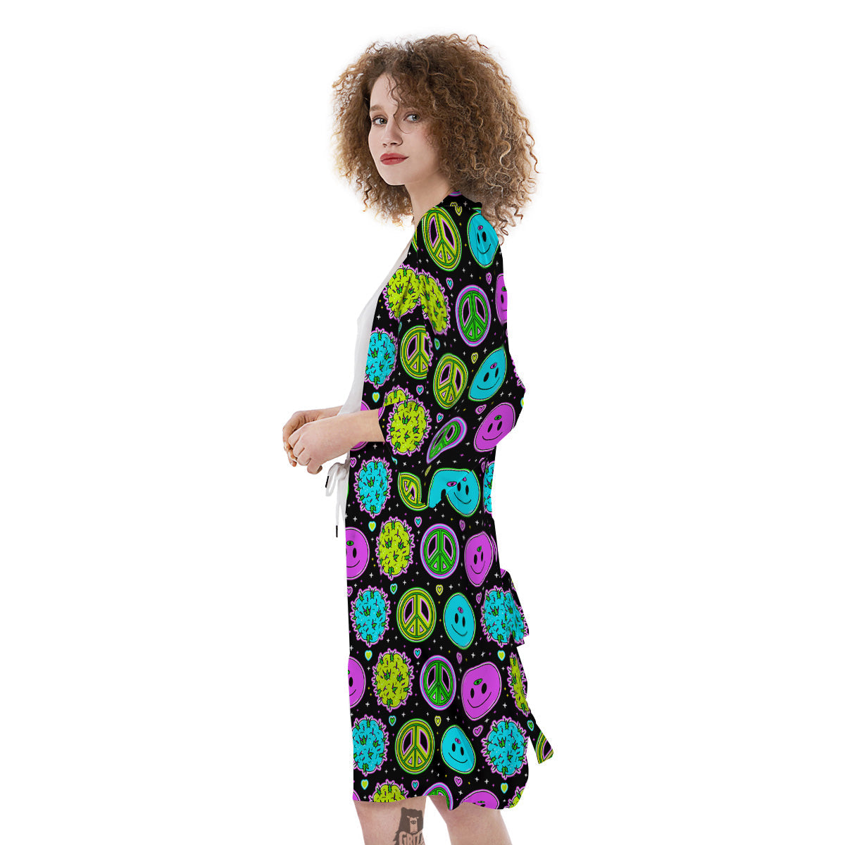 Hippie Peace Symbol And Weed Print Pattern Kimono-grizzshop