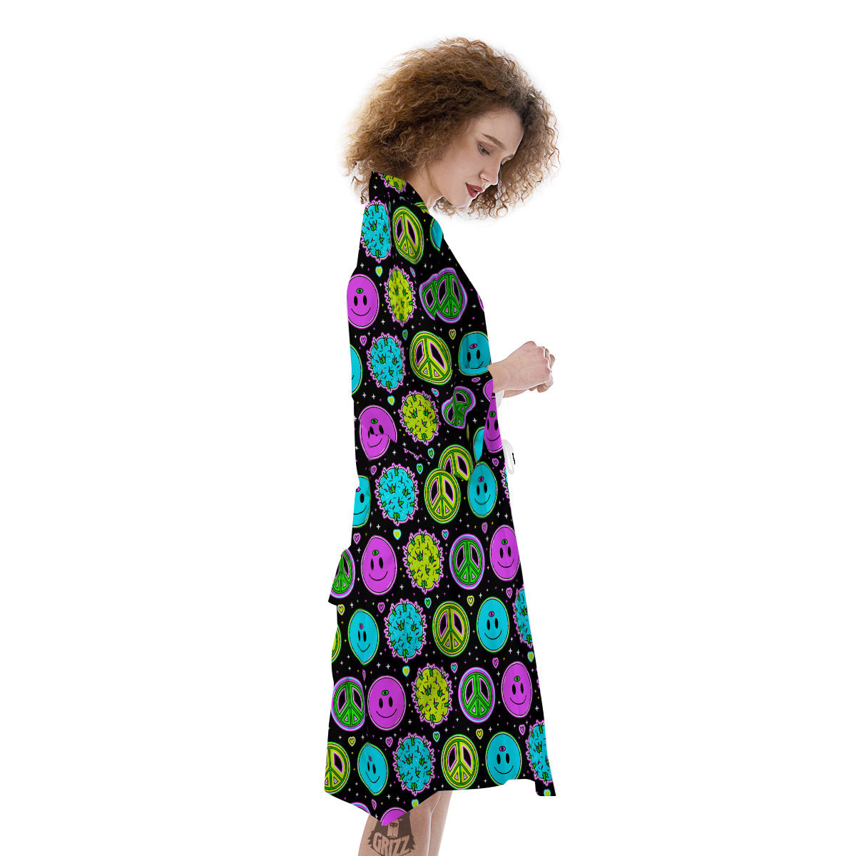 Hippie Peace Symbol And Weed Print Pattern Kimono-grizzshop