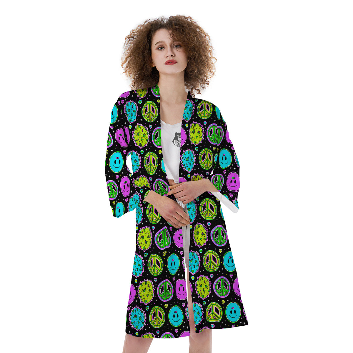 Hippie Peace Symbol And Weed Print Pattern Kimono-grizzshop